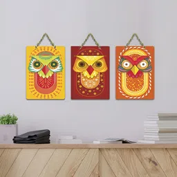 ArtVibes 3-Pcs Yellow & Red Tribal Owls Printed Wooden Wall Hanging Decor-image-10