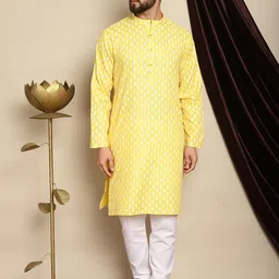 Anouk Yellow Mandarin Collar Ethnic Motifs Printed Straight Kurta with Pyjamas-picture-29