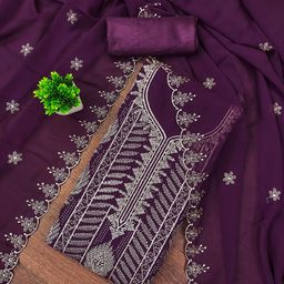 HERE&NOW Floral Embroidered Thread Work Silk Georgette Unstitched Dress Material-image-38