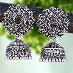 DIVASTRI Set Of 5 Silver-Plated Artificial Stones Studded & Beaded Dome Shaped Jhumkas-7