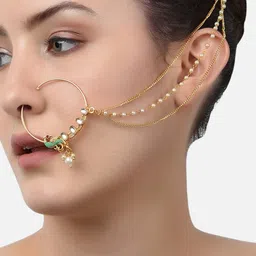Zaveri Pearls Gold-Plated Meenakari Kundan Chain Linked Bridal Nose Pin-58