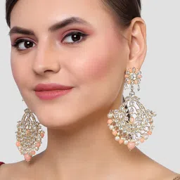 KARATCART Women Peach Gold Plated Beads and Pearl Studded Kundan Classic Drop Earrings-image-24