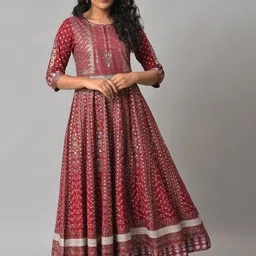 W Red Ethnic Motifs Keyhole Neck Ethnic Maxi Dress-52
