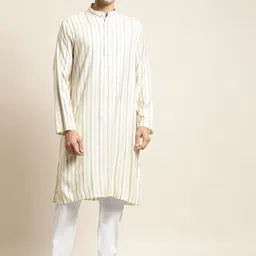 SOJANYA Men Yellow & White Striped Kurta with Churidar-image-58