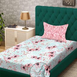 KLOTTHE Green & Pink Floral 300 TC Fitted Single Bedsheet with 1 Pillow Cover-picture-5