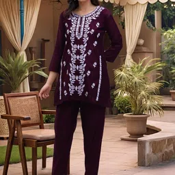 Ziva Fashion Embroidered Round Neck Tunic With Trousers Co-Ords-36