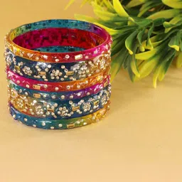 LAVAZZA Set Of 6 Zircon Diamond & Beads Work Glass Bangles-3