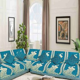 SAWNA HOMES Blue & Cream 6 Pieces Printed Velvet 6 Seater Sofa Cover-24