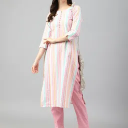 DIVASTRI Women Striped Regular Thread Work Kurta with Trousers-image-83