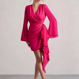 WANQUILA Women Pink Flared Sleeve Crepe Wrap Longline Top-picture-17