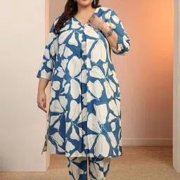 EXTRA LOVE BY LIBAS Plus Size Floral Printed Front Pleated Long Tunic & Trousers Co-Ord Se-46