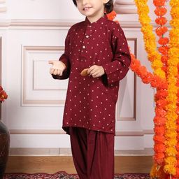 Polka Tots Boys Floral Printed Band Collar Pure Cotton Kurta With Pyjamas-image-50