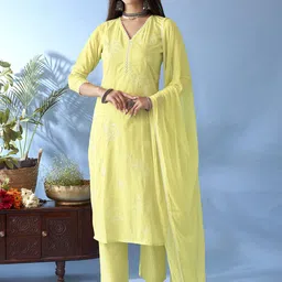 Anouk Floral Embroidered Thread Work Pure Cotton Straight Kurta With Trousers & Dupatta-image-45