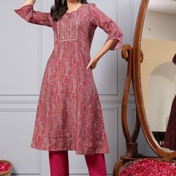 Nayam By Lakshita Paisley Printed Mirror Work Chanderi Cotton A-Line Kurta with Palazzo-picture-3