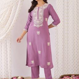 Indo Era Floral Embroidered Thread Work Straight Kurta With Trousers-42