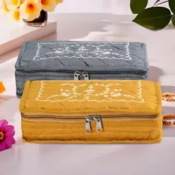 Aura Grey and Yellow 2 Pieces Embroidered 7-Compartments Jewellery Organisers-1