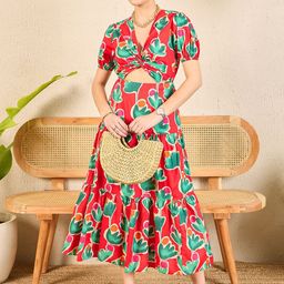 Uptownie Puff Sleeves Front Cut-Out Cotton Midi Dress-image-48