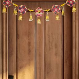 THE HOME CO. Pink & Yellow Ganesha With Mirror & Beaded Hanging Bell Gold Toran-13
