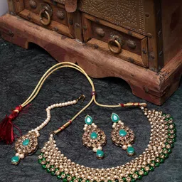 ANIKAS CREATION Gold-Plated Green & Beige Kundan-Studded Handcrafted Jadau Jewellery Set-59
