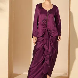 Antheaa 100% Satin Embellished Square Neck Top with Skirt-47