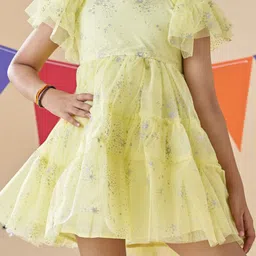 KidsDew Star Print Flutter Sleeve Net Fit & Flare Dress image 2