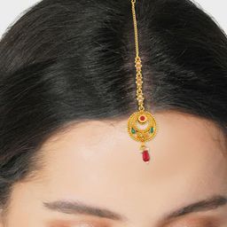 MEMOIR Gold Plated Stone Studded & Beaded Brass Maang Tikka-picture-8