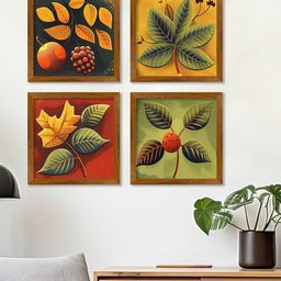 ArtVibes Yellow & Green 4 Pieces Leaves Printed Wooden Paintings Wall Art-25