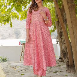 Jaitpuriya Floral Printed Gotta Patti Pure Cotton Anarkali Kurta With Trouser & Dupatta-image-48