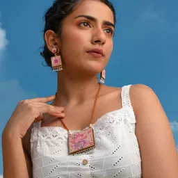 WHE Wooden Fabric & Artificial Beaded Square Shaped Drop Earrings image 2