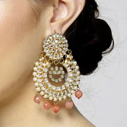 KARATCART Peach-Coloured & Off-White Gold-Plated Stone-Studded Crescent Shaped Chandbalis-image-34