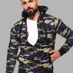 Campus Sutra Navy Blue & Beige Camouflage Windcheater Hooded Cotton Bomber Jacket-picture-18