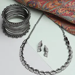 Kennice Silver-Plated Oxidised & CZ-Studded Jewellery Set-50