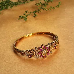Jazz and Sizzle Women Gold-Toned & Pink Brass American Diamond Antique Gold-Plated Kada Bracelet-15