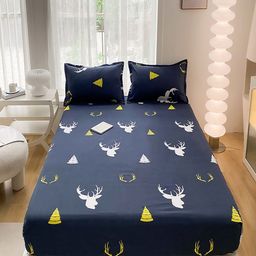JC HOME Navy Blue & White Printed 140 TC Fitted King Bedsheet Set- 2.0 m x 2.2 m-image-8