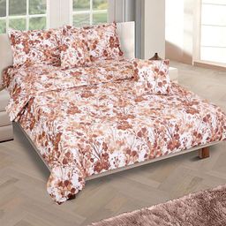 Aura Cream & Brown Floral Printed Cotton 210 GSM Double Queen Bedding Set-13