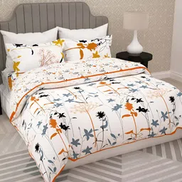Story@home White & Orange 4 Pieces Floral Cotton Double Queen Regular Bedding Set-picture-57