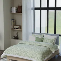 LABHAM Kadambari 7-Pcs Green & White Printed Pure Cotton Double King Bedding Set-picture-17