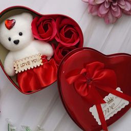 eCraftIndia Red & White Heart Shaped Valentine Gift Box With Teddy and Flowers-27