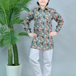 ahhaaaa Boys Floral Printed Regular Thread Work Kurta with Pyjamas-2