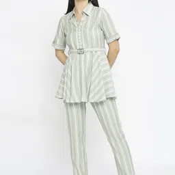 MORDEN MUSE Self Design Shirt Collar Tunic With Trousers & Belt-image-80