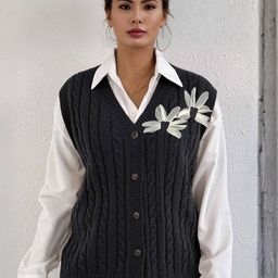 Blooming Tales Women Cable Knit Self Design Sleeveless Cardigan-picture-29