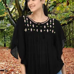 OOTPTAANG Women Embroidered Tie-Up Neck Batwing Sleeves Kaftan Top-image-84