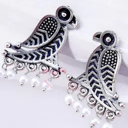 19TH JULY JEWELS Silver-Plated Pearls Beaded Oxidised Contemporary Drop Earrings-50