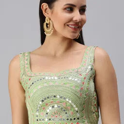 flaher Green Mirror Work Embroidered Padded Readymade Blouse-image-19