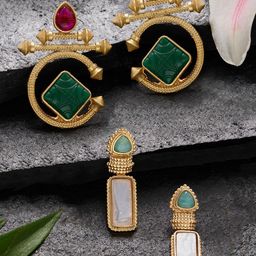 AMI Set Of 2 Gold-Plated Artificial Stones Studded Geometric Shaped Drop Earrings-image-57
