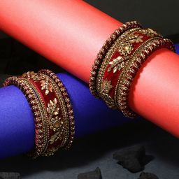 Adwitiya Collection Women Maroon & gold Set of 10  Velvet Silk Thread Chuda Bangle Set-10