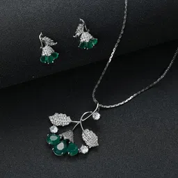 Jazz and Sizzle Silver-Plated Sea Green AD Studded Jewellery Set-4