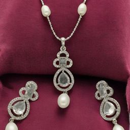 Sri Jagdamba Pearls Dealer Silver Plated CZ Stone Studded & Beaded Jewellery Set-image-51