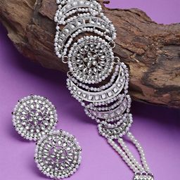 KARATCART Oxidised Silver-Plated White Kundan-Studded Beaded Jewellery Set-4