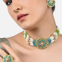 Zaveri Pearls Gold-Plated Turquoise Blue & White Kundan-Studded & Pearl Beaded Jewellery Set-26